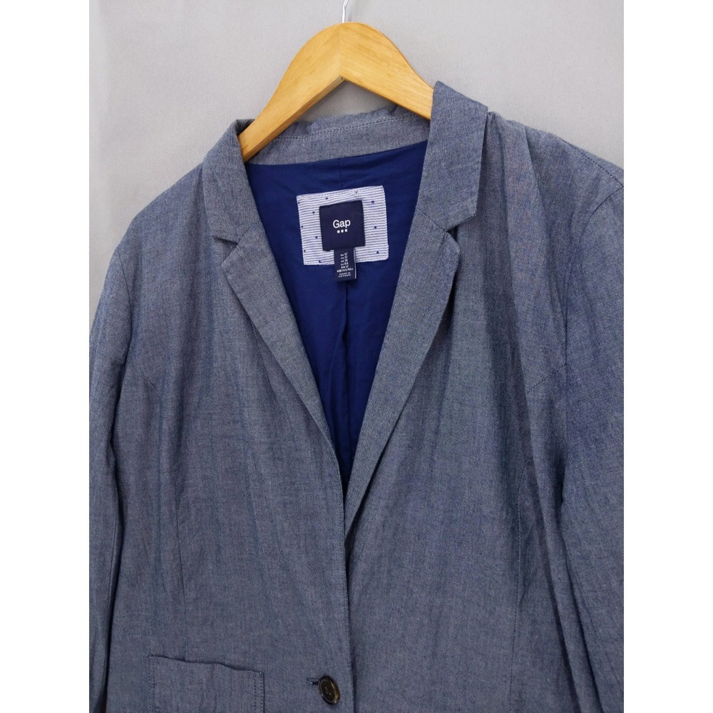 Gap Blazer Women 12 Blue Chambray Cotton Single Button Lightweight Jacket - Picture 2 of 10
